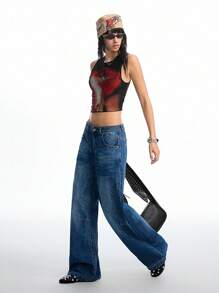 LYSMO Women's Casual Everyday Washed Slant Pocket Pearl Decor Wide Leg Jeans - Blue - View 4