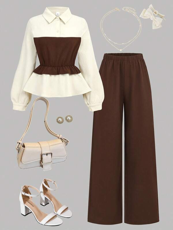 SHEIN Girlism Teen Girls Elegant Vintage Outfit Set: Beige Patchwork Brown Collared Ruffled Hem Blouse And Wide Leg Pants, Casual & Versatile Fall Winter