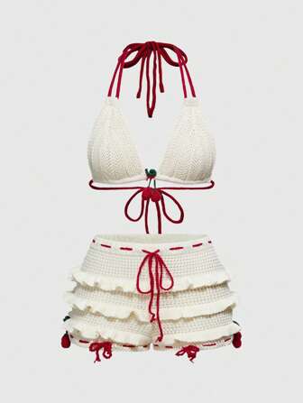 Kawaii 2pcs Women Contrast Color 3D Cherry Neck Knit Top And Ruffle Trim Knit Shorts Set