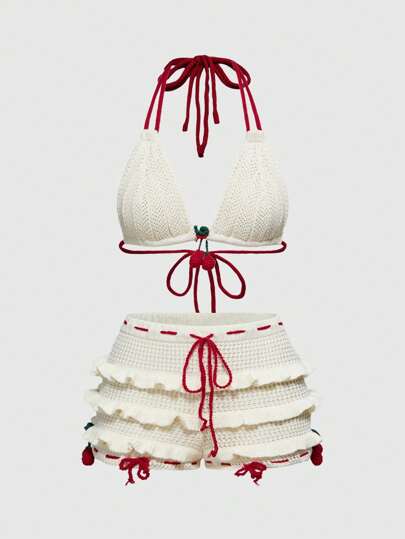 Kawaii 2pcs Women Contrast Color 3D Cherry Neck Knit Top And Ruffle Trim Knit Shorts Set