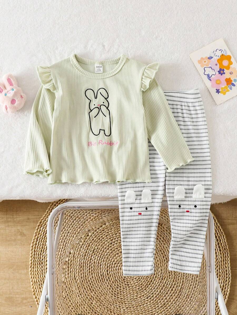 Baby Girls Autumn/Winter Knit Crew Neck Long Sleeve Top With Embroidered Rabbit Pattern & Striped Long Pants, Casual Loungewear Set Baby Girl Long Sleeve Set Fall - Green - View 1