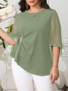Reflora Blusa Elegante Plissada de Manga Flare com Gola Redonda e Tela em Cor Sólida para Mulheres Plus Size, Blusa de Chiffon para Professoras - Verde Menta - Visão 5