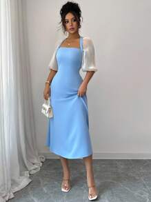 Elenzga Women's Elegant A-Line Dress With Patchwork, Contrast Color Puff Sleeves, For Afternoon Tea Party, Weddings, Lightweight Beach Resort Vacation, Spring/Summer