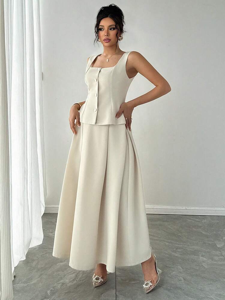 Women Square Neck Sleeveless Waist Fitted Top And High Waist Flare Skirt Set