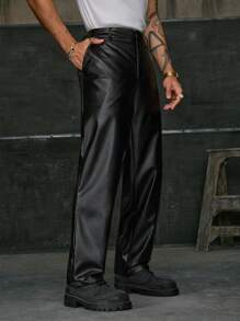 AXEPEAK Men Slant Pocket PU Leather Trousers - Black - View 3