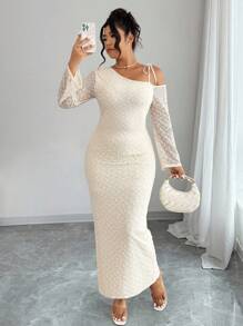 Elenzga Abito lungo elegante da donna con manica lunga, collo asimmetrico, spalla arricciata e vestibilità aderente, disponibile in taglie comode