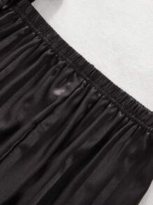 Tween Girls Striped Black Woven Fabric Crepe Soft Casual Pleated Flounce Bow Front Decor Short Sleeve Top And Pants 2 Pieces Elegant Fashionable Loungewear Set - Black - View 6