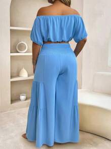 EMERY ROSE 2pcs/Set Plus Size Women Blue Off-Shoulder Casual Shirt And Tie Waist Pants - Blue - View 2