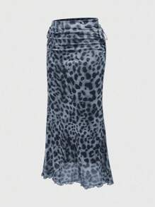 ROMWE J-Fashion Women Leopard Print Pleated Side Tie Waist Fishtail Hem Fashion Skirt