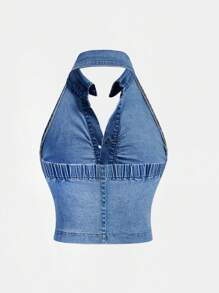 SHEIN MOD 大码女式夏季休闲褶饰单排扣挂脖牛仔上衣 - 深色水洗藍 - 查看 2