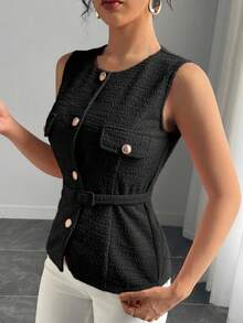 DAZY 女式 V 领无袖收腰修身背心 - 黑色 - 查看 3
