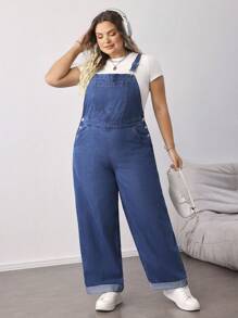 SHEIN CURVE+ Plus Size Blue Denim Jumpsuit Loose Overalls Comfortable Elastic Waist Tapered Pants Design Autumn Casual Wear Back To School Clothes