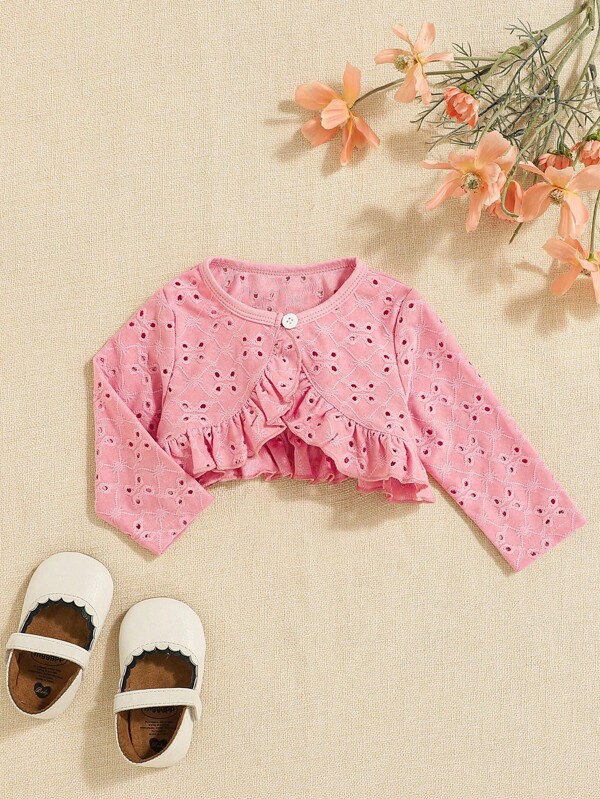 Souflis Souflis Baby Girls Hollow-Out Jacquard Knit Cardigan, Elegant Casual Daily All-Match Outwear, Spring/Summer, Baby Girl Cardigan, Pink Baby Cardigan, Baby Girl Coats, Baby Girl Outerwear, Infant Girl Cardigan