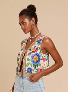Travachic 秋冬波西米亚风多色V领无袖背心，饰有花卉和鹦鹉印花