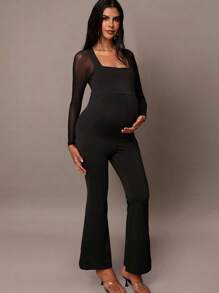 MaterniChic Autumn And Winter Maternity Solid Color Mesh Patchwork Slim Jumpsuit - Black - View 5