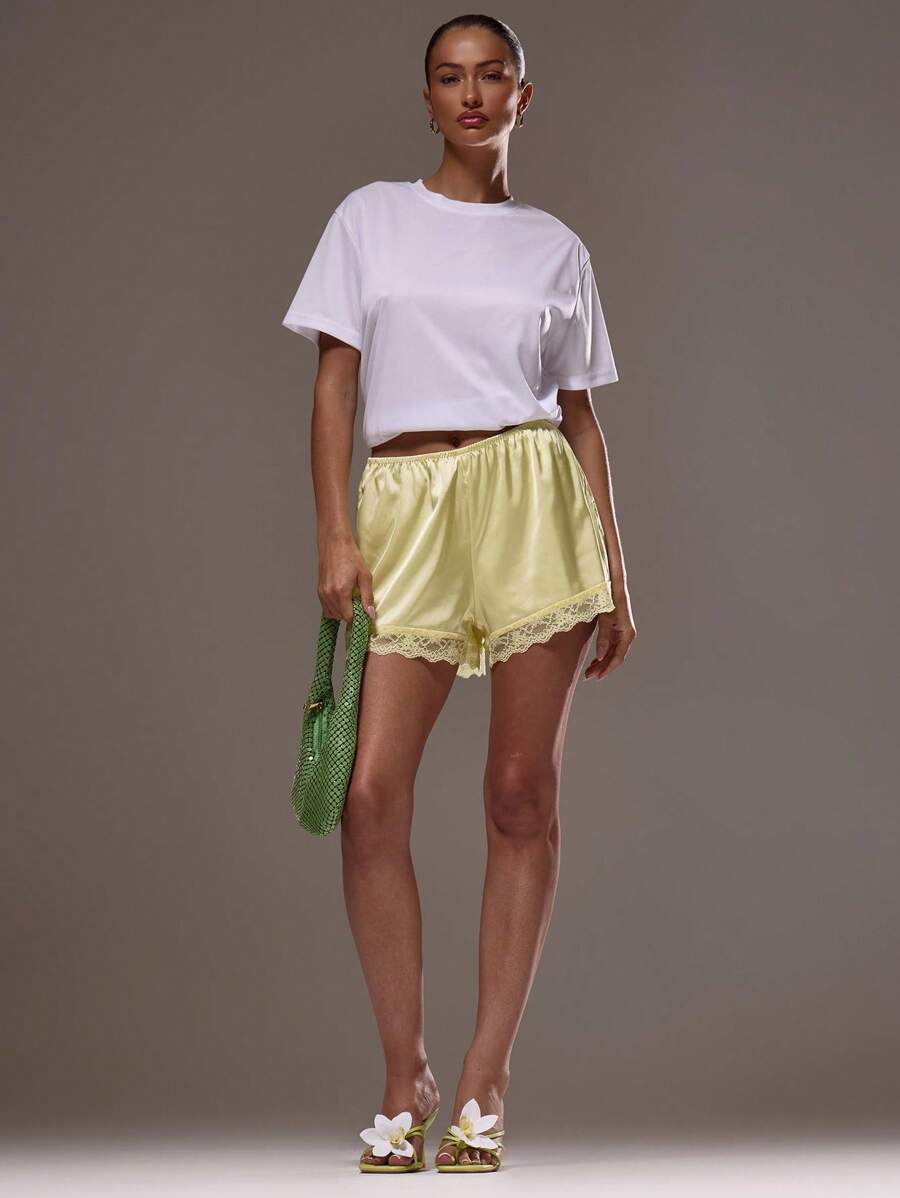 MUSERA 弹力缎面套穿蕾丝边短裤 可爱夏季度假波西米亚风夏季可爱休闲冬季裤 春季