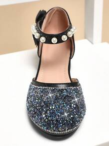 Mini mi Princess-Approved Girls Pearl&Bow Detail Black Block Heel Dress Pumps – Elegant Princess Heels With Ankle Strap, Sparkling Rhinestone & Flower Girl Style For Weddings & Special Events - Black - View 6