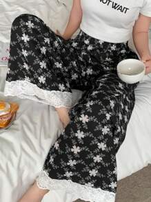 DAZY 女式花卉印花撞色孔眼刺绣睡裤，度假风格，秋季