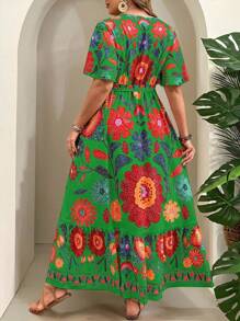 SHEIN Clasi Plus Size Tropical Holiday Abstract Art Print Cross V-Neck Belted Ruffle Hem A-Line Sundress - Green - View 2