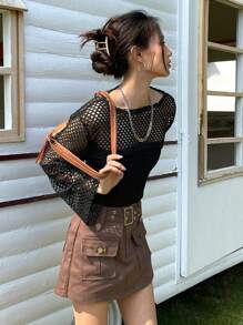 DAZY Solid Hollow Out Crop Top Festival Sheer Long Sleeve Women Tops