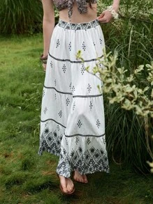 Florisole Women's Boho Maxi Skirt White Woven Fabric Skirt With Printed Pattern And Ruffle Hem Detail Flowy Bohemian Style - White - View 6