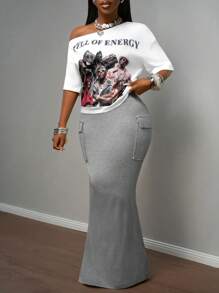 Slaydiva 2025 夏季新款休闲街头白色宽松露肩单肩图案T恤+侧开衩工装口袋长裙女两件套，音乐节，毕业装，女士早午餐装，日常外出，旅行，派对聚会，返校，休闲，街头-B - 彩色 - 查看 3