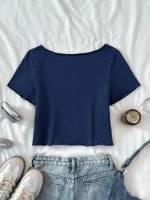 SHEIN Tween Girl Casual Royal Blue Knitted Slogan Off-Shoulder Printed Short Short-Sleeved Fitted Top, Spring And Summer, Cool, Basic, Daily, Versatile, Sports Fashion Summer Tops, Back To School Season, School Uniforms Girls Royal Blue Crop Tops