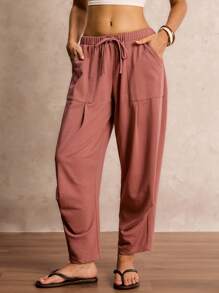 Easelle 女士复古波西米亚风海滨度假休闲褶皱大口袋廓形锈红色做旧松紧腰宽松七分裤 - 紅色 - 查看 3