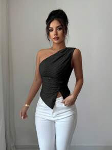 Elenzga Áo cánh thời trang bó sát xẻ tà một bên vai màu hồng thanh lịch cho nữ, mùa hè - màu đen - Xem 6