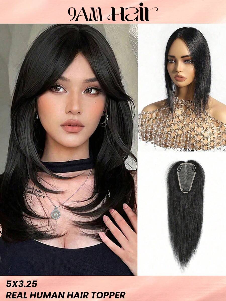 3.25*5 100% Long Lasting Human Hair Topper Pieces For Women With Hand-Tied Lace Base,Clip In Hair Topper Extensions,12 Inches Natural Color 32g - SNatural - View 1