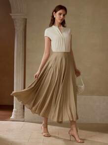 MOTF PREMIUM SOLID ZIPPER SIDE FLARE LONG SKIRT - Khaki - View 6