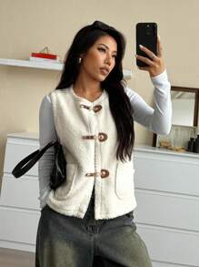 SHEIN EZwear 女式前扣口袋毛绒休闲背心夹克 - 米色 - 查看 1
