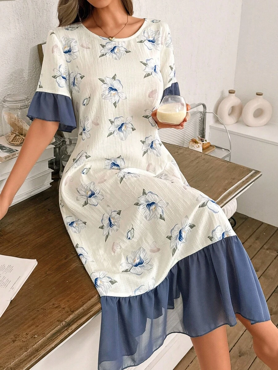 SHEIN Camisón de mujer holgado de manga larga con estampado floral y dobladillo con volantes en contraste