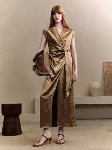 EMERY ROSE 女士纹理梭织面料扭褶设计腰部修身不对称领盖袖中长连衣裙，卡其色，女士办公室服装，女士约会夜服装，女士优雅连衣裙 - 咖啡 - 查看 2