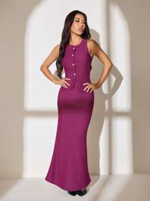 SHEIN PETITE 女士秋冬单排扣无袖背心裙套装 - 中紫紅色 - 查看 5