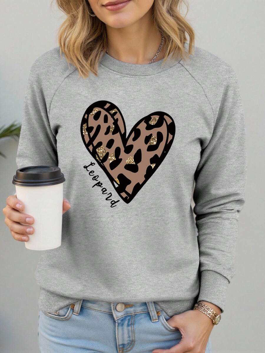 INAWLY 心形与字母印花插肩袖运动衫，女士春/秋休闲长袖圆领常规版型常规浅灰色插肩袖套头衫女式连帽衫，长袖上衣 - 淺灰色 - 查看 1