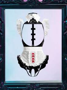 3件套性感诱惑镂空角色扮演女仆内衣套装 - 黑與白 - 查看 1