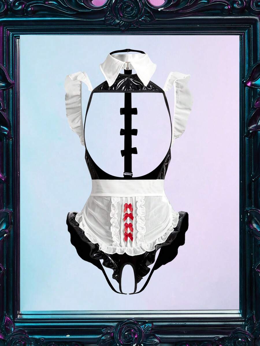 3件套性感诱惑镂空角色扮演女仆内衣套装 - 黑與白 - 查看 1