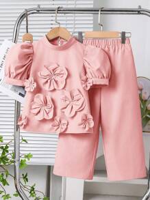 SHEIN Young Girl 2pcs Set:3D Flower Puff Sleeve Stand Neck Blouse Top & Loose Casual Pants,Cute Elegant Light Pink Summer Outfit For Party & Daily Wear - Pink - View 7