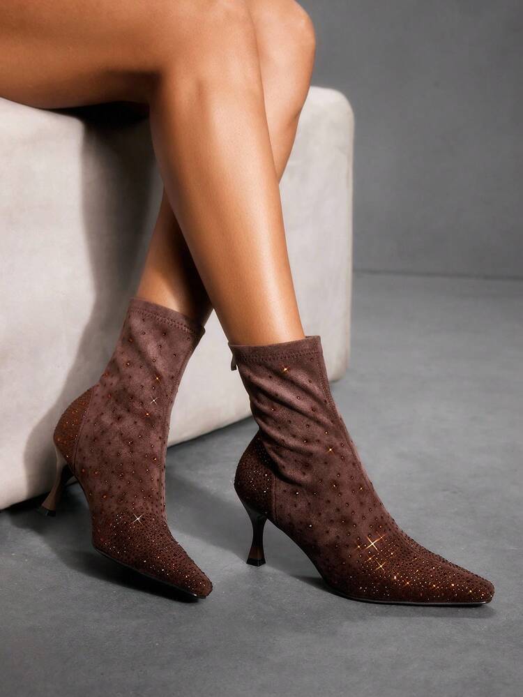 CUCCOO SZL Bottes à talons hauts et bout pointu pour femme, décorées de strass,  noir, à la mode et confortables, idéales au quotidien ou en soirée, avec fermeture éclair au dos.