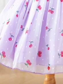 Young Girl Cherry Print Puff Sleeve Party Dress - Purple - View 7