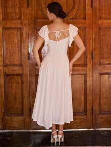 Andrea Bello 女士心形领收腰 A 字形荷叶边袖提花编织优雅浪漫连衣裙 - 白色 - 查看 6