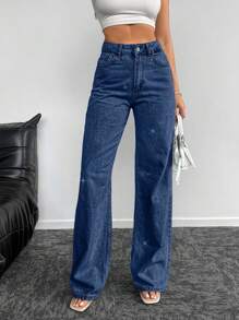 EURMUSE Women's Loose Fit Pocket Wide Leg Casual Versatile Jeans - Medium Wash - View 3
