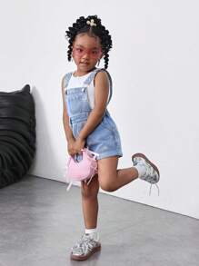 Young Girl Blue Denim Overalls Shorts With Bow Patterns, Spring And Summer Casual Vacation Country Boho Wear - Light Wash - View 4