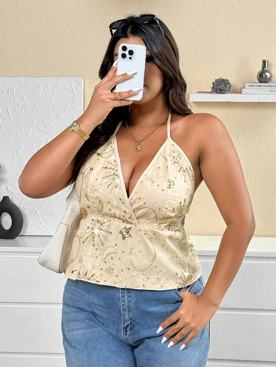 Calvaya Camiseta y top sin espalda con lentejuelas de unicolor para mujer de talla grande, adecuado para fiestas - Dorado - Ver 1