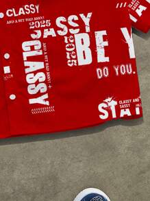 Manfinity Roghcode Men's Loose Cut-Off Text Print Shirt, Couple Matching Style, Suitable For Summer Red Graphic Shirt Men S Cropped Graphic Shirts - Red - View 4