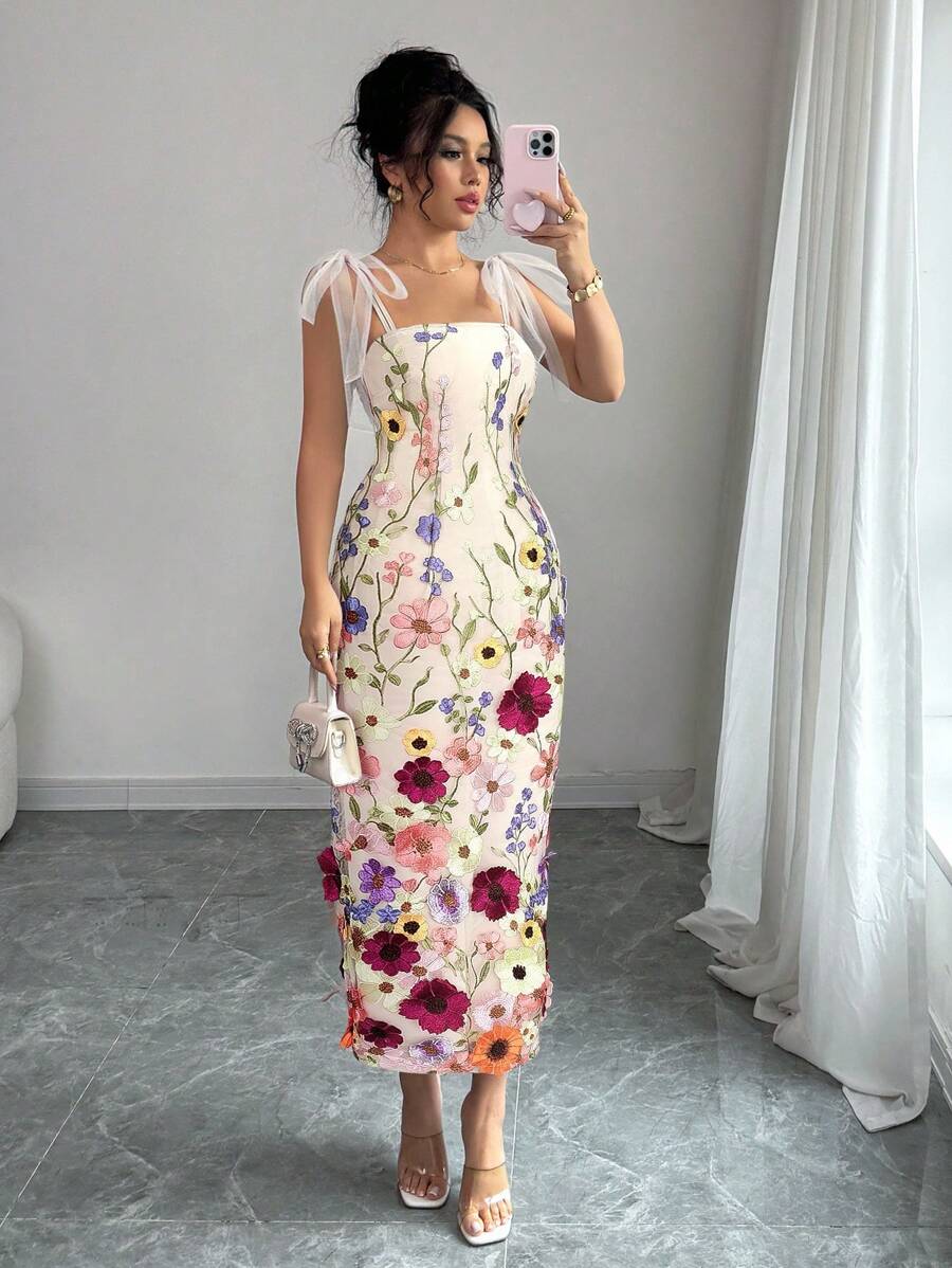 Elenzga Váy chữ A không tay thắt dây hoa 3D thanh lịch dành cho nữ, thích hợp cho các hoạt động ngoài trời, mùa xuân/hè - Nhiều màu - Xem 1