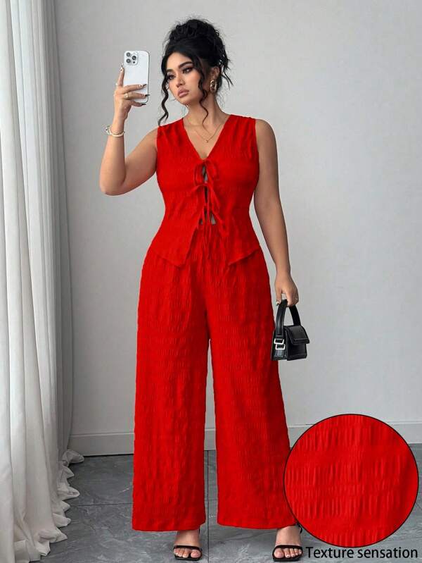 Elenzga Blusa de cuello en V con textura, sin mangas, lazo y pantalones anchos de piernas amplias, cintura elástica, cómodos y fluidos, apto para resort, playa, verano, tallas grandes, elegante y popular, color rojo.