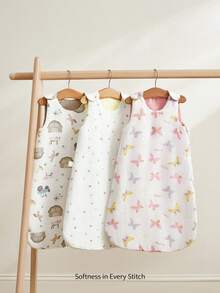 Cozy Pixies 1件装卡通动物农场图案柔软舒适卡其色棉纱无袖新生儿襁褓睡袋 - 彩色 - 查看 5