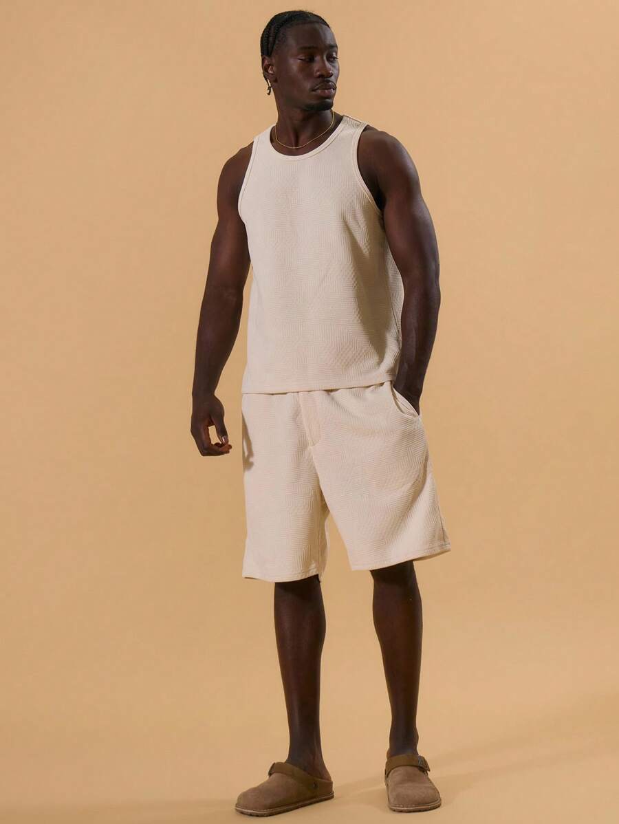 Musero Men Longline Jersey Short Elasticated Waistband Button Fastening Embroidery Detailing Spring Summer Holiday Vacation Comfort Lounge - Beige - View 1